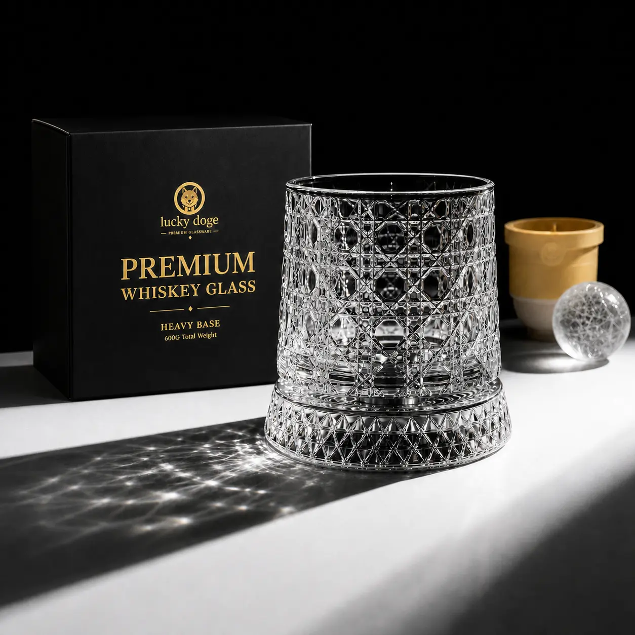 Crystal Star-Cut Spinning Whiskey Glass, 10 oz 600g Heavy-Base Rotating Crystal Tumbler with Ice Sphere Mold and Luxury Gift Box, Premium Birthday Gift for Men