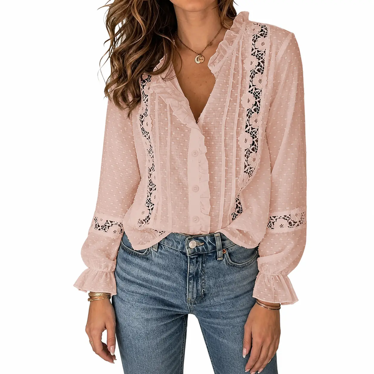 Flamingals Swiss Dot Contrast Lace Frill Trim Button Up Long Sleeve Shirt