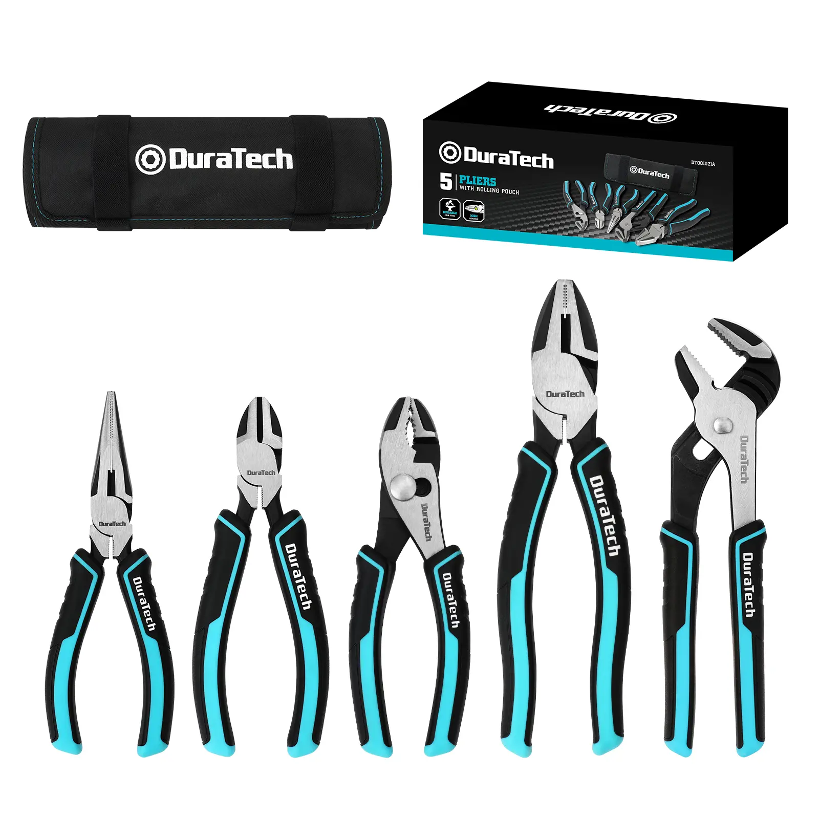 #summersale DURATECH 5-Piece Cr-Ni Pliers Set, 6" Long Nose, Slip Joint, Diagonal Cutting, 8" Linesman, Groove Joint Pliers, Easy Storage Oxford Rolling Pouch