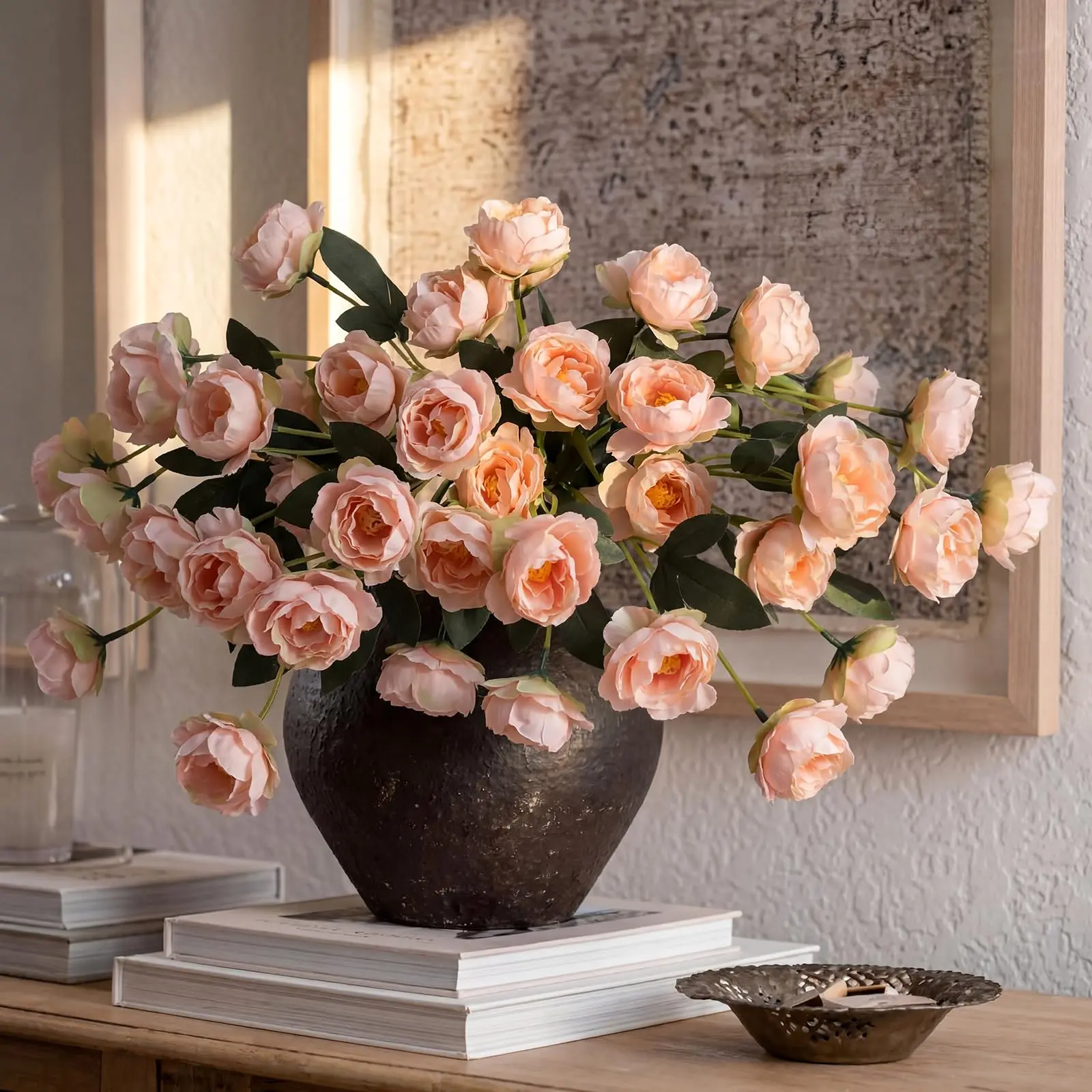 6 Pcs 32in Large Beige Artificial Peony Stems - 42 Total Heads Faux Silk Decorative Bouquet, Artificial Plants, Floral Decor for Home, Wedding Centerpieces, Carnival, Juneteenth Farmhouse Rustic Neutral Vase Filler, Ideal For Vases, Mantels, And Tables