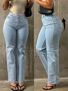 Spring Summer Fashion Casual Fitted Light Blue Denim Straight Leg Pants for Women, Comfortable Elastic Waist High Waisted Jeans for Daily Wear