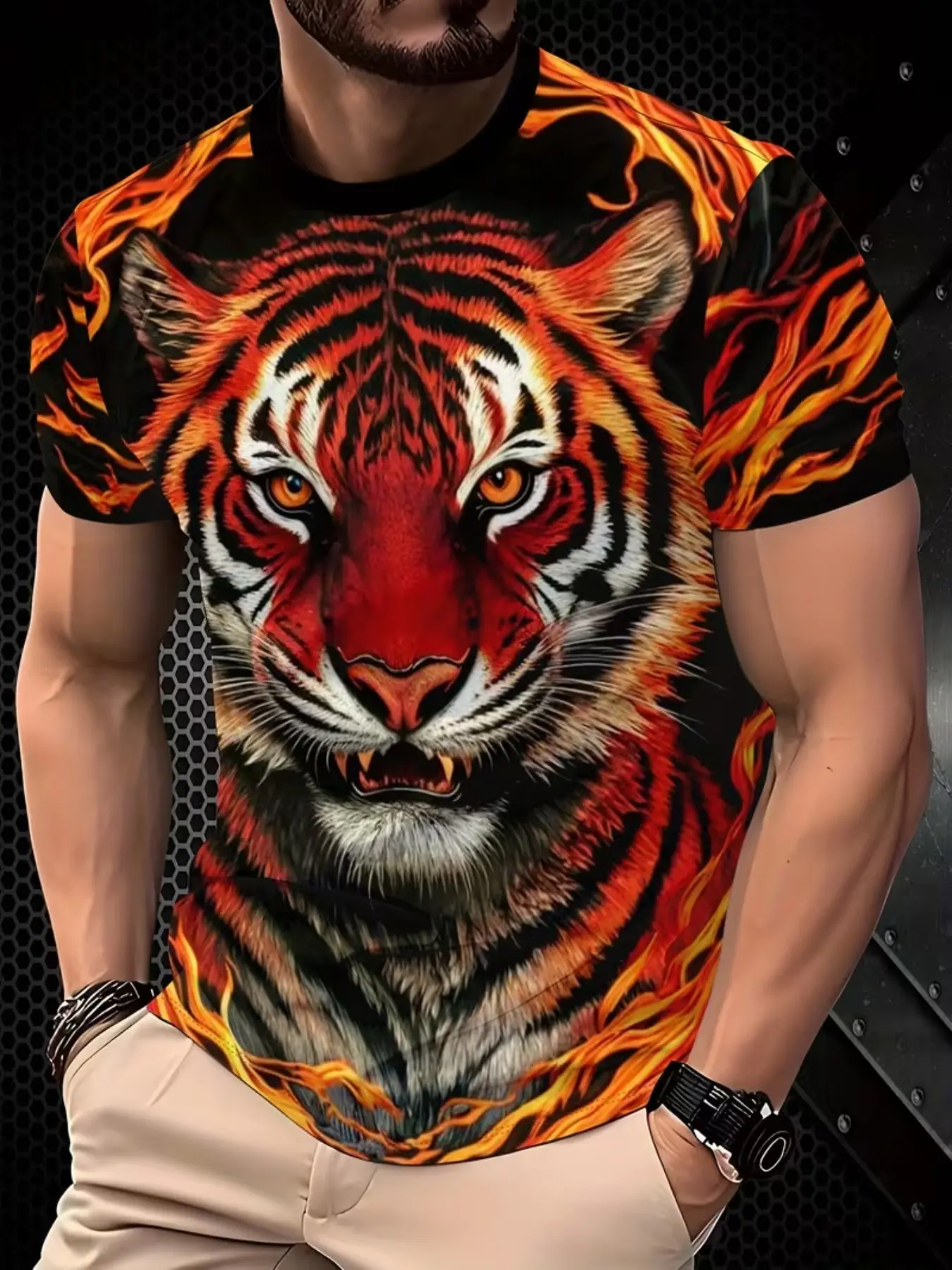 Men's Short Sleeve T-Shirt with Flame Tiger Print, Round Neck, 3D Fashion Top, Streetwear, Casual Comfy Streetwear, Casual Long Jersey, Fitted H-Type Silhouette, Trendy Leisure Wear, Graphic, Menswear