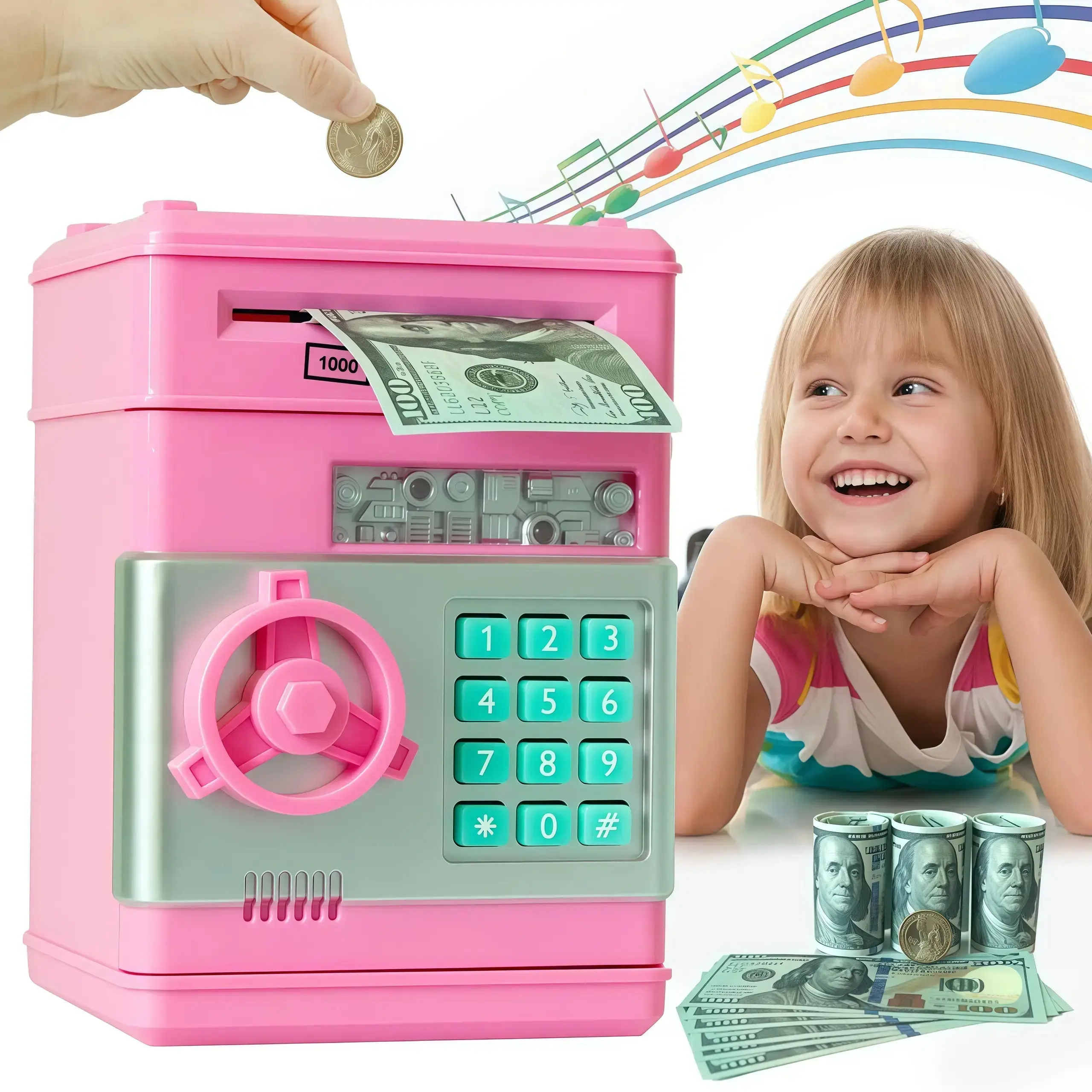 Electronic ATM Combination Pink Piggy Bank - Automatic Rolling Safety Coin Bank, Kids' Toy, Outdoor Lighting Garden Light, 1 Target Group Gift (Birthday/Children's Day/Christmas)Children's Day gift,best toy for kids