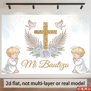 2D Flat Banner, 1pc Angel-Themed Baptism Christening Decorative Banner & Card Suitable for - Religious Decorations, Showers, - Elegant Angel Wings, Fabric, Multi-Use for Parties & Home Decorations, Wedding Party Backdrop