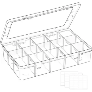 15 Grids Large Plastic Organizer Box with Adjustable Dividers, Clear Craft Organizer and Storage Tackle Box Compartment Container with Label Stickers for Beads, Jewelries, Tools