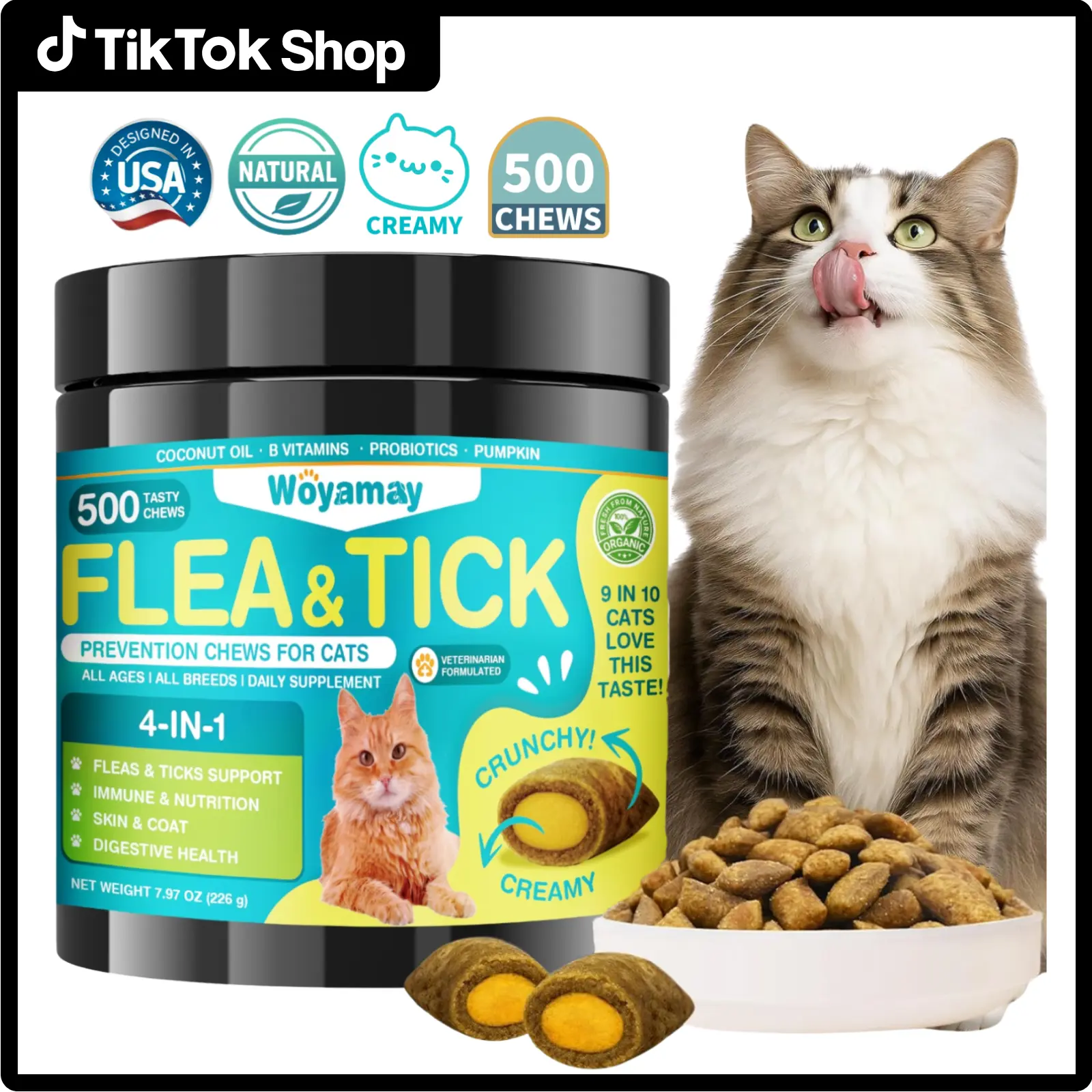 Woyamay Cats Flea & Tick Prevention, 4-IN-1 500 Cat Flea Chewables Support Immune, Skin & Coat, Digestion & Gut Health with Omega-3, Multivitamin Supplement for Cats All Ages & Breeds- Chicken Flavor #DealsForYouDays #SummerWins