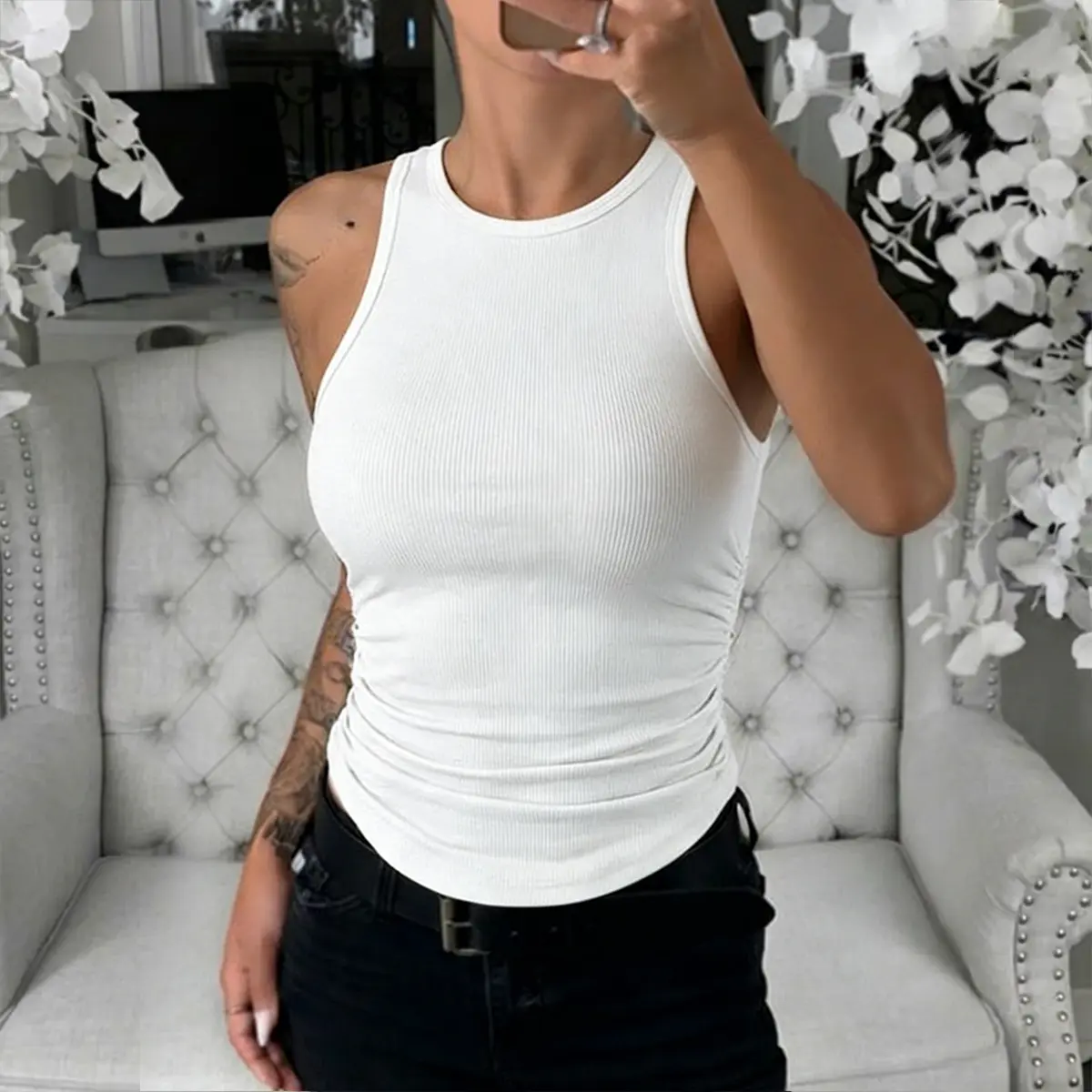 CHICME Women's Round Neck Sleeveless Side Ruched Tank Slim Fit Ribbed Racerback Tank Top CHICME Women's Round Neck Sleeveless Side Ruched Tank Slim Fit Ribbed Racerback Tank Top