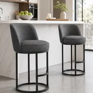 ARCH Counter Height Bar Stools Set of 2, Modern Barrel Stools with Backrest, Linen Fabric Upholstered Accent Stools for Kitchen Island, Gray/Beige/Black/Orange/Wine Red Options, Beige/Black/Gray/Orange Color Options, Linen Material