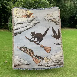 Magic Cat Pattern Design Bohemian Bed Blanket - Yarn Thick Breathable with Tassels for Home Decor Sheet Living Shawl Tapestry Yoga Couch Sofa Chair Tablecloth Garden Office Travel Outdoor Camping Picnic Not Printed No Faded No Pilling