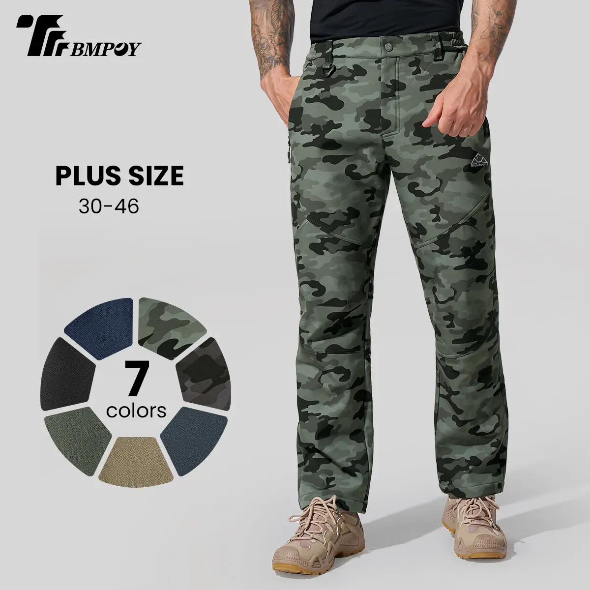 TBMPOY Men's Winter Hiking Pants Thermal Fleece Lined Snow Pants Water Resistant Outdoor Pants Stretch Work Pants Reinforced Knee Camouflage Trousers with Zipper Pockets for Ski Camping Fishing Hiking Size 30-46