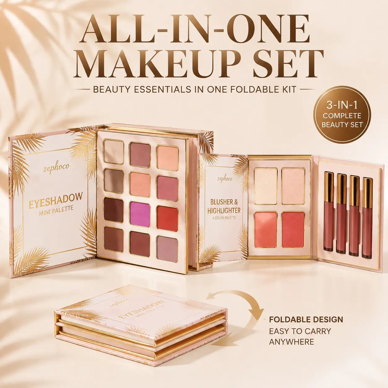 All-in-1 Foldable Compact Makeup Set - Includes Eyeshadow, Blush, Lipstick - Travel-Friendly Beauty Makeup Palette