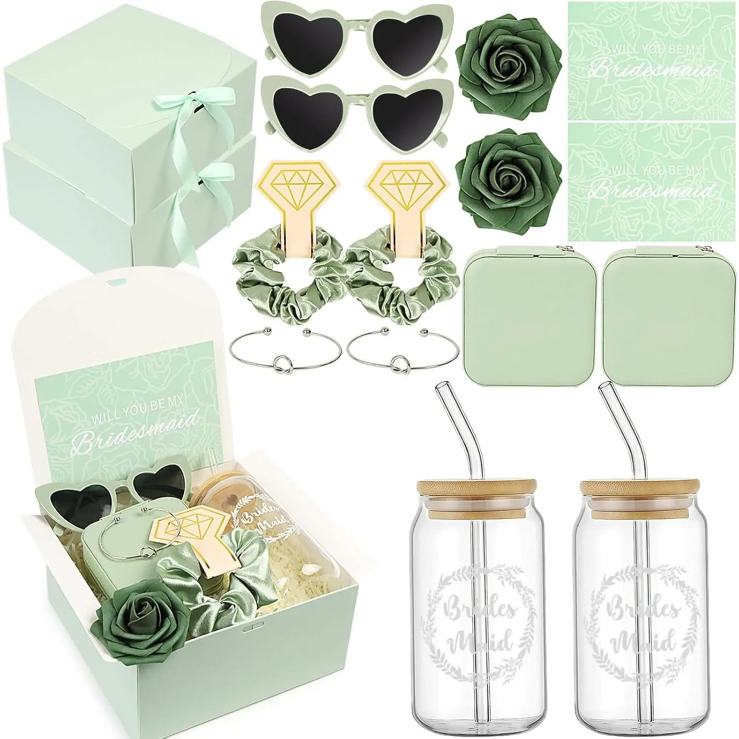 Bridesmaid Proposal Box Gift Set 2 - Will You Be My Bridesmaid Kit (Green, 18Pcs, 1 Size) with Decorative Packaging, Boxed Surprise, Jewelry Box, Glass Cup, Invitation Cards, Knotted Bracelets, Sunglasses, Scrunchies, Raffia Grass, Boxed Surprise Party Gi