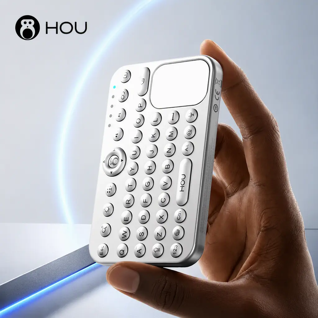 HOU Silver Magnetic Mini Keyboard with touchpad & 7-Color Backlight, Bluetooth 3-Device Pairing, Magnetic Portable Design, Works with Phones, Tablets, laptops, desktops and smart TVs