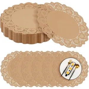 300 Pack Round Brown  Paper Doilies 13.5 Inches Lace Paper Place Mats Rustic Scallop Doily Disposable Table Pads for  Cakes Crafts Party Weddings Tableware Decor