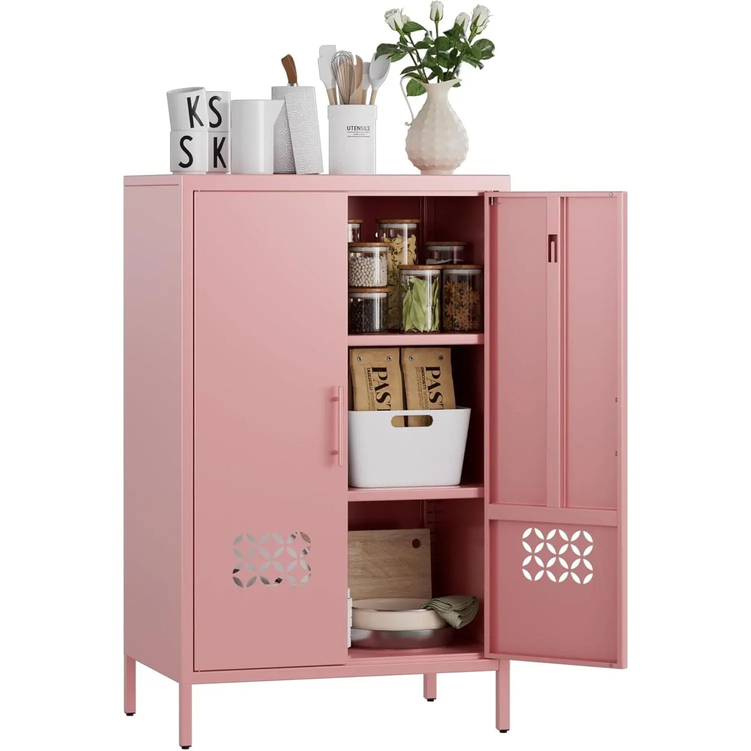 Contemporary Metal Storage Cabinet - 42" H (40 to 49 in) Kitchen Pantry Cupboard with 2 Adjustable Shelves, for Living Room, Assembly Required, Blush Pink, Durable