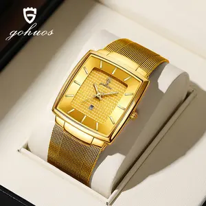 GOHUOS Retro Square Watch for Men Gold Vintage Style Stainless Steel Fashion Wristwatch Waterproof 30M Casual Quartz Watch