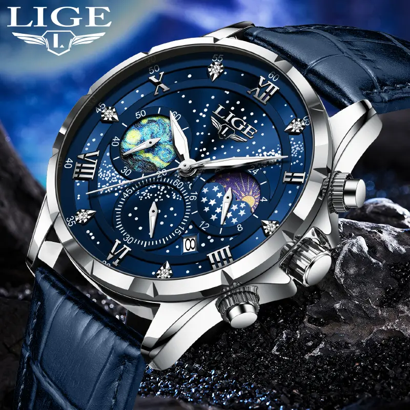 LIGE High Quality Men's Dress Watch - Round Face Starry Night Luminous Cosmos Dial, Automatic Movement, Moonphase, Calendar, Stopwatch, Waterproof Mineral Crystal, Buckle Closure Analog Wristwatch, High Quality Watches, Analog Watch