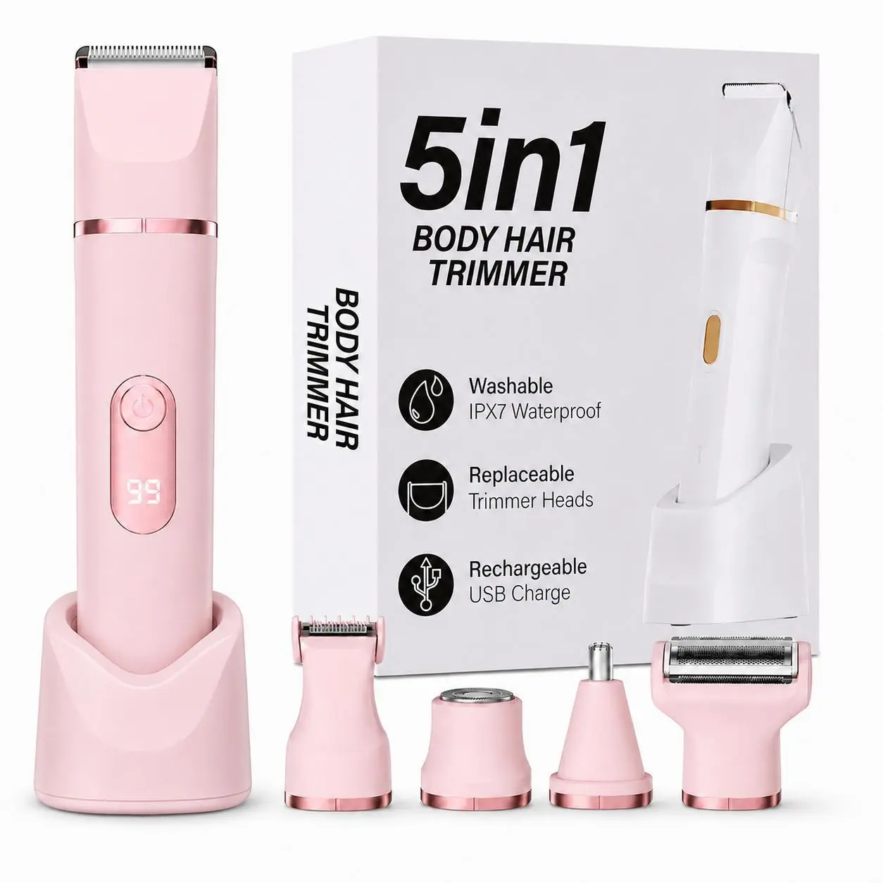 5-in-1 Bikini Trimmer for Women, IPX7 Waterproof Electric Shaver with Ceramic Blades & Digital Display, USB Rechargeable Cordless Grooming Kit for Body, Face & Sensitive Areas,TikTokShopBackToSchool