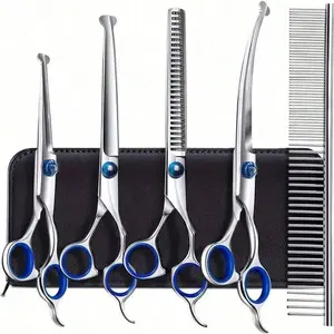 Professional Pet Grooming Scissors Includes Comb Set, Stainless Steel Dog and Cat Clippers with Curved, Straight and Upward Blades, Ambidextrous Design, Grooming Tools