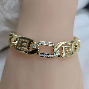 # 0090 14k Gold Laminated Bracelet with Elegant Greek Key Design and Crystal Accents for Women