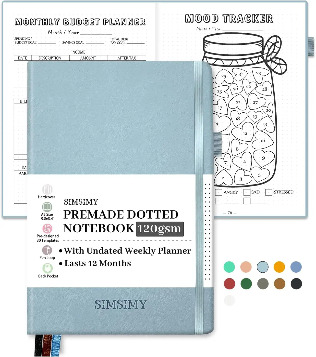 Premade Bullet Dotted Journal Notebook, Pre-made Dot Grid Journaling with Undated Weekly & Monthly Planner - 12 Month Organization
