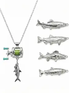 Fishing Reel Necklace, Mini Fishing Reel Necklace for Men with Rotating Handle, Silver Fish Necklace Pendant