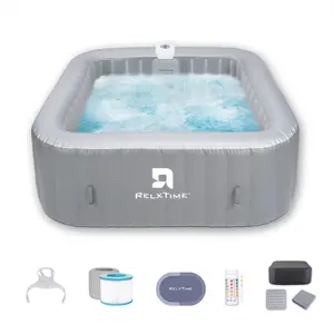 4 to 6 Person Inflatable Hot Tub,Inflatable Square Spa Portable Outdoor Hottub,130 Soothing Bubble Air Jets,With Insulation Suit&6Pack Filter