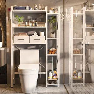 Over The Toilet Storage with 2 Drawers, 7 Tier Bathroom Organizer with Adjustable Shelf,Freestanding Space Saver Storage Rack with 4 Hooks