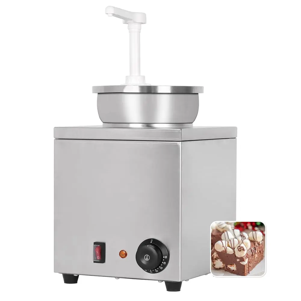4Qt (3.7L) Stainless Steel Commercial Sauce Warmer Pump Dispenser - 150 W, 9.4"x11.4"x18", Easy Pump Sauce Portions for Hot Fudge, Caramel, Chili, Restaurant, Snack Stations, Stainless Steel Pan, 150 Watts