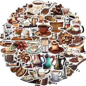 Coffee Themed Sticker, 50pcs/set Coffee Pattern Decorative Sticker, DIY Decals for Water Bottle, Laptop, Phone Case, Scrapbooking, Journal Making, Ornaments