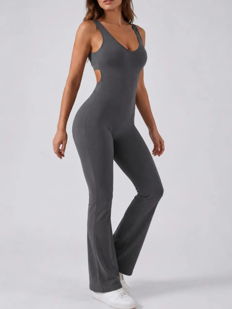 Women’s Backless Sleeveless Scoop Neck Flare Jumpsuit - Stretch Tummy Control, Body-Hugging Fit, Breathable, Comfortable Sports Catsuit for Travel, Gym Workouts, Daily Wear