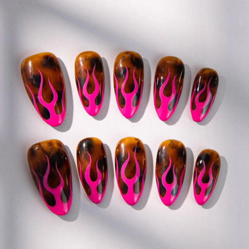 Hot Pink Flame Press On Nails, Tortoise Shell Y2K Retro Nails, Trendy Handmade Reusable False Nails