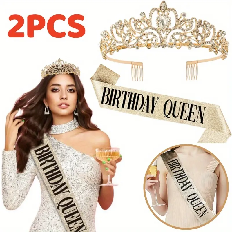 Women's Gold Birthday Queen Sash & Rhinestone Tiara Crown Party Set - Slogan Crowns & Tiaras, Glitter Crystal Hair Accessory Kit for Party Decor, Cake Topper, Women's Fashion, Letters Crowns & Tiaras
