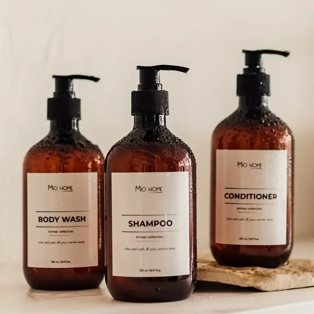 500ML Bathroom Shampoo Body Wash Conditioner Soap Dispenser Set, Three-Piece Kit with Waterproof Labels, Essential Hair Care Accessories