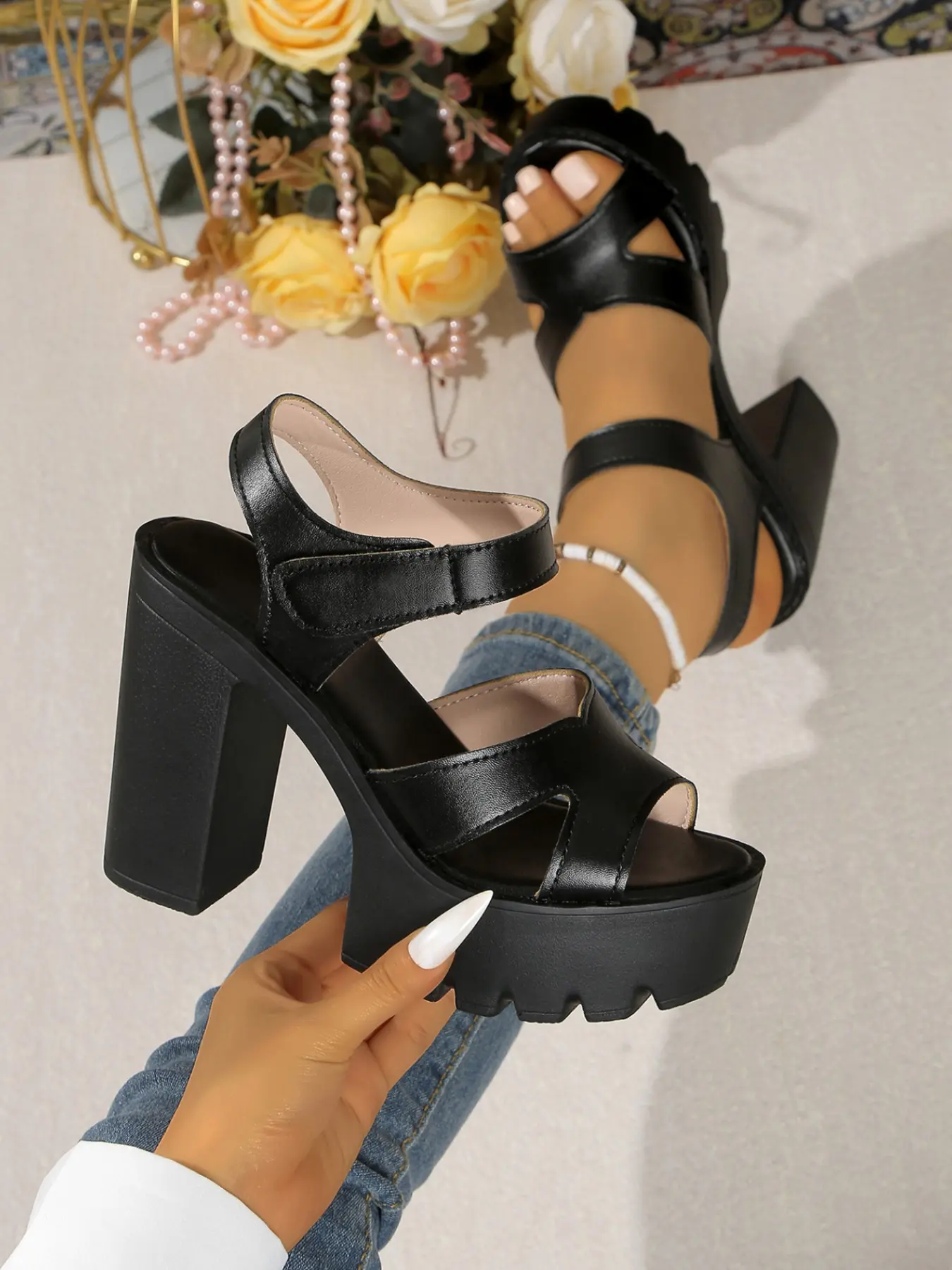 Colorblock Design, Thick Sole Waterproof Platform, Chunky Heel, Velcro Strap, Open Toe, Casual PU Leather Women's Shoes