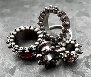 PAIR of Unique Skull Rimmed Screw Fit Stainless Steel Tunnels / Plugs - Gauges 2g (6mm) thru 1" (25mm)