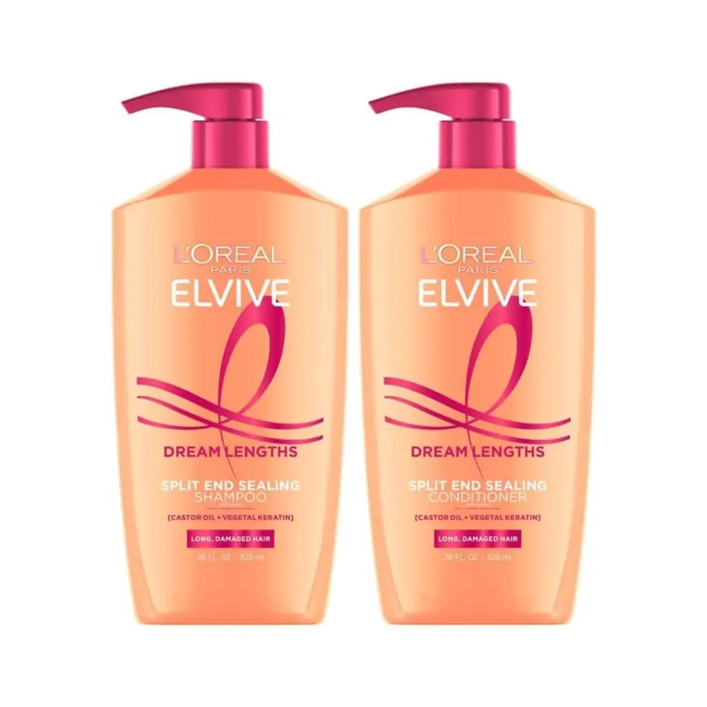 L'Oreal Paris Elvive Dream Lengths Shampoo and Conditioner Set, Seals Split Ends, Hydrating & Strengthening Hair Repair, Fine Castor Oil and Vitamins B3 and B5, 56 Fl Oz Set