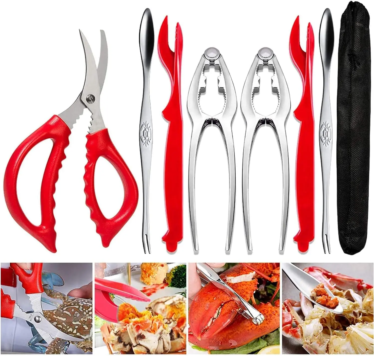Sturdy 7-Piece Thick Zinc Stainless Steel Kitchen Utensils Set - 15cm Easy-Grip Anti-Slip Hot Plate Grippers, Crab Leg Crackers (Crab Leg Shape), Shellfish Picks, Lobster Forks, Functional Plastic Scissors for Versatile Use, Birthday Gift Ideas, Christmas