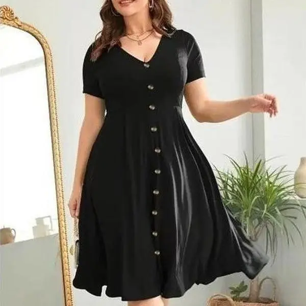 [Plus Size]Solid Color Button Front V Neck Dress, Fashion Elegant Casual Short Sleeve Dress for Daily Outdoor Wear, Women Plus Clothing for Summer, Vneck, Womenswear Shortsleeve Shortsleeve Shortsleeve Shortsleeve Minimalist Basic