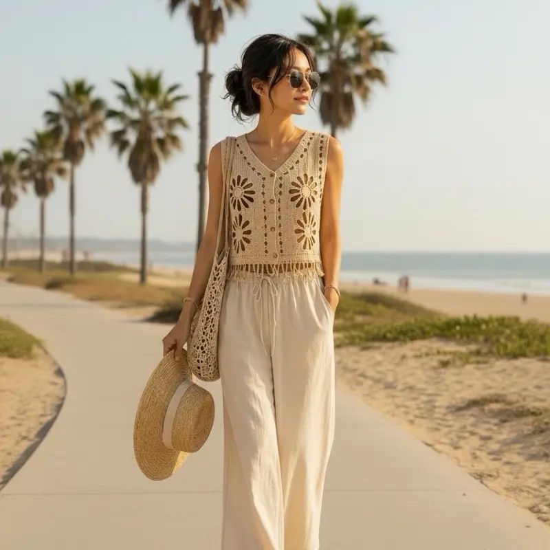 Women's Boho Crochet Summer Co-Ord Set | Size Small | 2-Piece Matching Set with Crochet Sleeveless Top & Wide-Leg Pants. Lightweight, breathable, and perfect for summer, beach, vacation, brunch, resort, and everyday wear. #summerwear #summercoords
