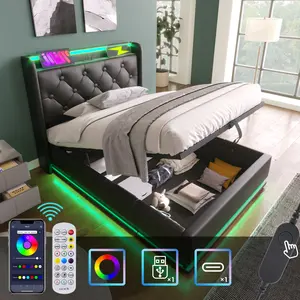 Twin size Upholstered bed, 360 surround LED function, Buttons/Apps/Remote Control, hydraulic storage bed with USB Type-C charging PU (Without mattress)