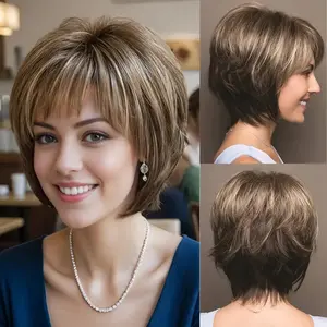 Short Brown Bob Wigs for White Women Pixie Cut Wigs with Blonde Highlights Natural Looking Synthetic Short Hair Wig for Women Costume Party Wig