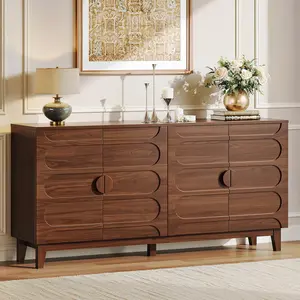 【SummerGarden】ONBRILL 63" Modern Sideboard Buffet Cabinet Furniture, Large Storage Cabinet with 4 Circular Panel Design Doors and Adjustable Shelves for Living Room, Kitchen