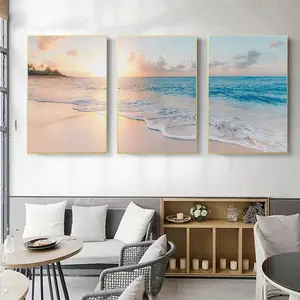 Set of 3 Blue Ocean Beach Landscape Posters, Modern Canvas Prints Wall Art for Living Room Decor, Unframed Natural Sea Scenery Paintings