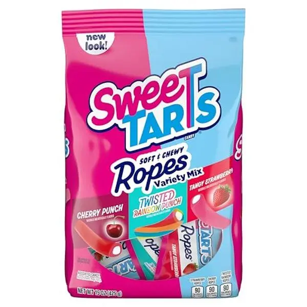 SweeTARTS Ropes Candy, Variety Mix, Cherry Punch, Twisted Rainbow Punch, Tangy Strawberry, Soft and Chewy, 15 oz