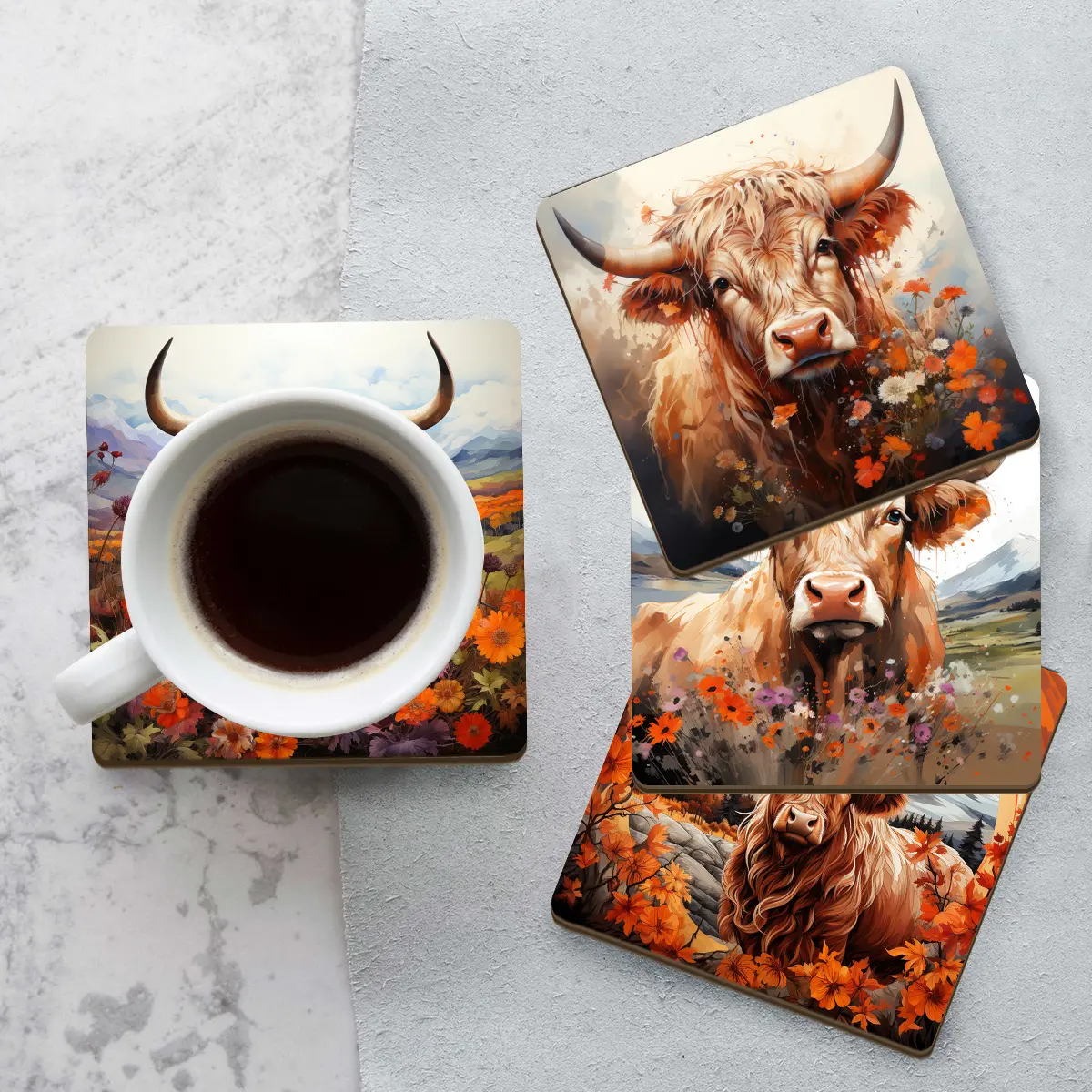 4pcs wooden square pattern coasters set Highland Cow pattern Heat insulation, non slip, high temperature resistant, suitable for home, office and holiday party gifts