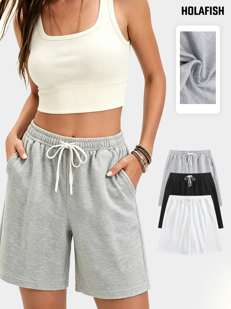 Holafish Women's 2 Pack 7" Cotton Sweat Shorts, Casual Soft Lounge Wear with Pockets and an Adjustable Elastic Drawstring Waist