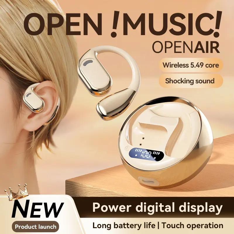 CHENGRUIDA M76 Wireless Earbuds, Open Ear Headphones, Ear Clip Bluetooth Earphones, Wireless 5.49 Chip, AI ENC Noise Cancelling, ACS Spatial Audio, 72H Long Battery Life, LED Power Display, Directional Sound, HD Voice Call, Non-In Ear Sports Headphones