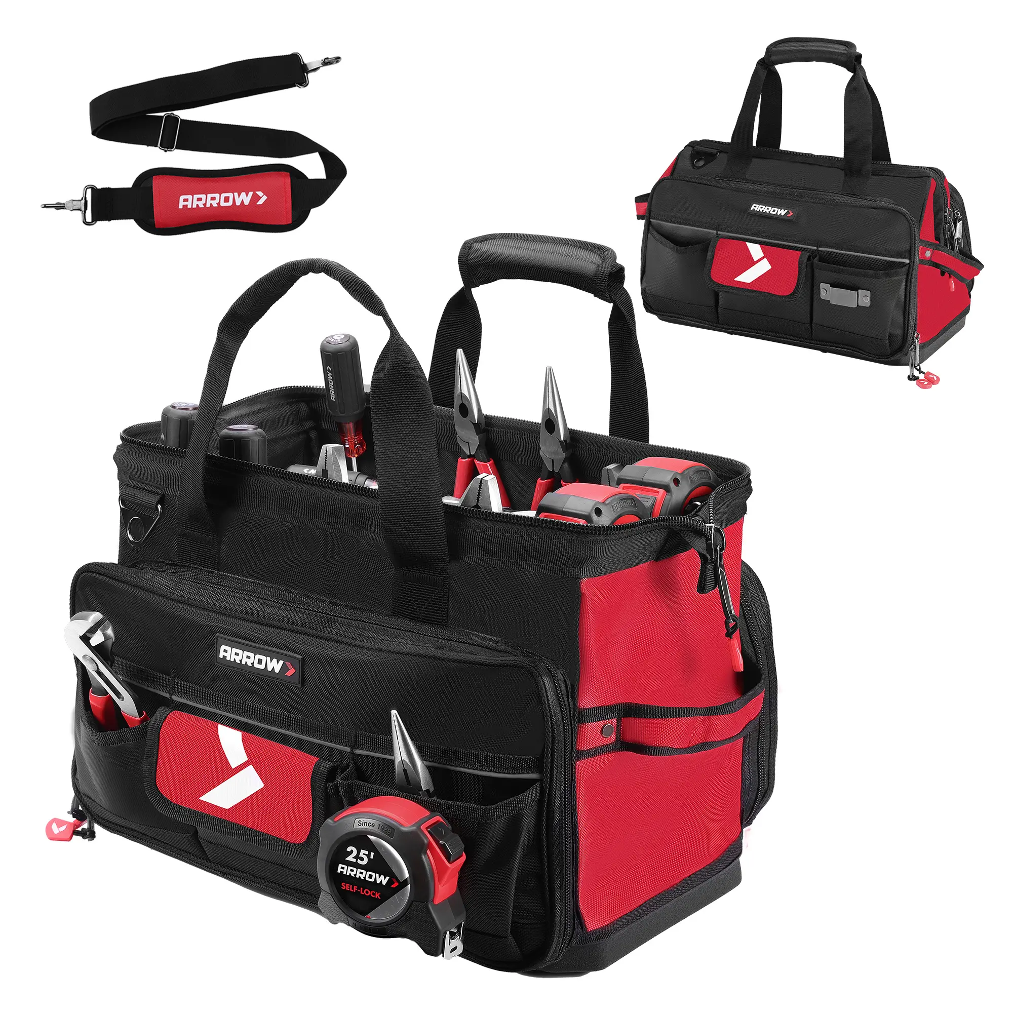 #summersale ARROW 17" Large Tool Bag with 36 Multipurpose Pockets, Tool Bags for Men Heavy Duty with Waterproof Hard Base, Reflective Band, Wide Open Mouth Toolbag for Electrician Mechanic Plumber HVAC