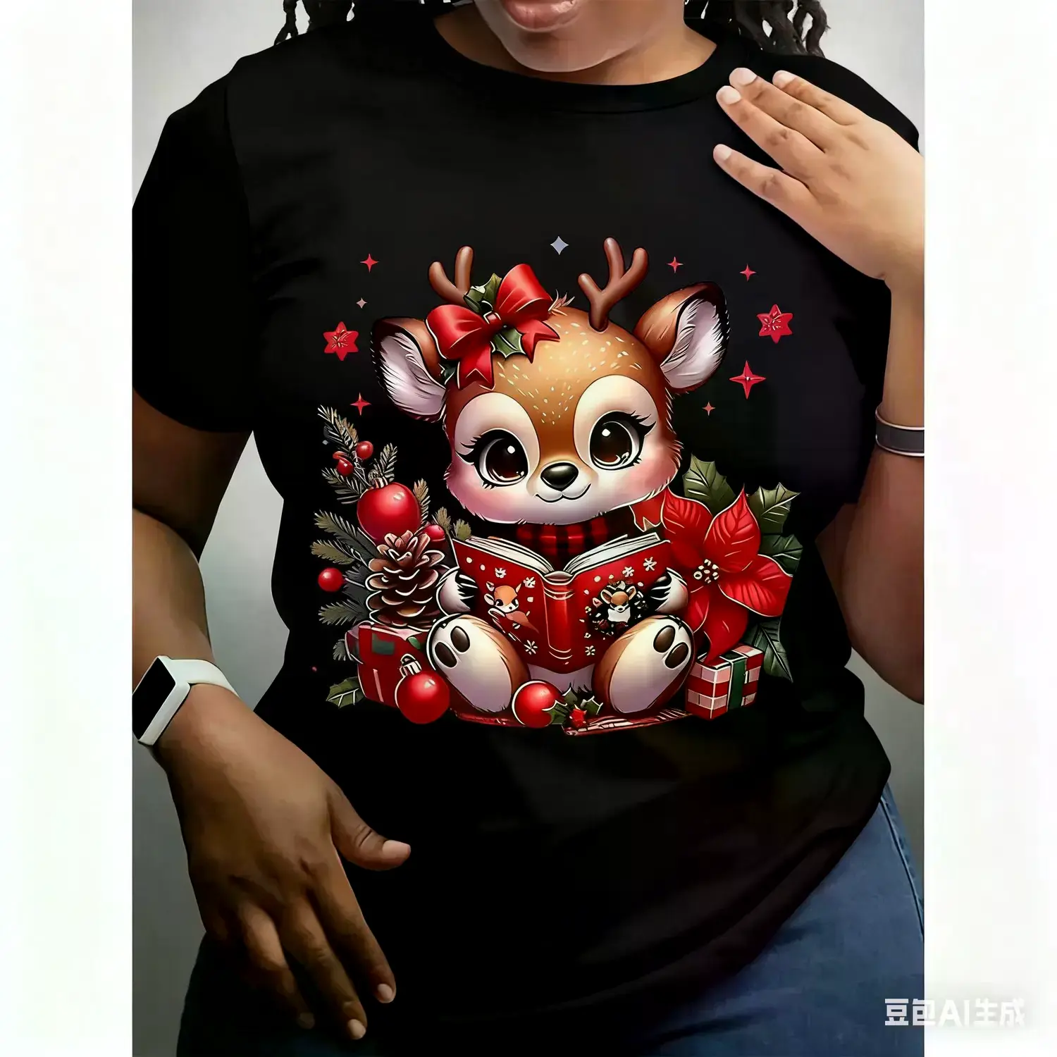 Women's Casual Christmas-Themed Graphic T-Shirt - Cute Reindeer With Gift Box & Ornaments, Red & White Holiday Design, Breathable Short Sleeve Round Neck Top, Machine Washable, All-Season Wear Fabric Womenswear graphic tee graphic tee custom women